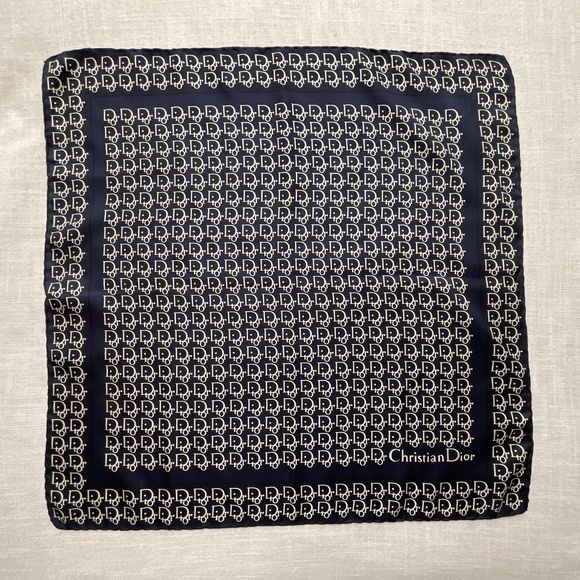 Christian Dior Silk Trotter Monogram Navy White Logo Scarf 19”x19”Made in Italy - Picture 9 of 9